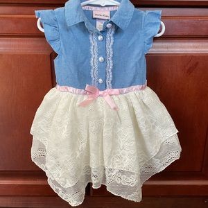 Little Lass Chambray & Lace Baby Dress 18m NWT